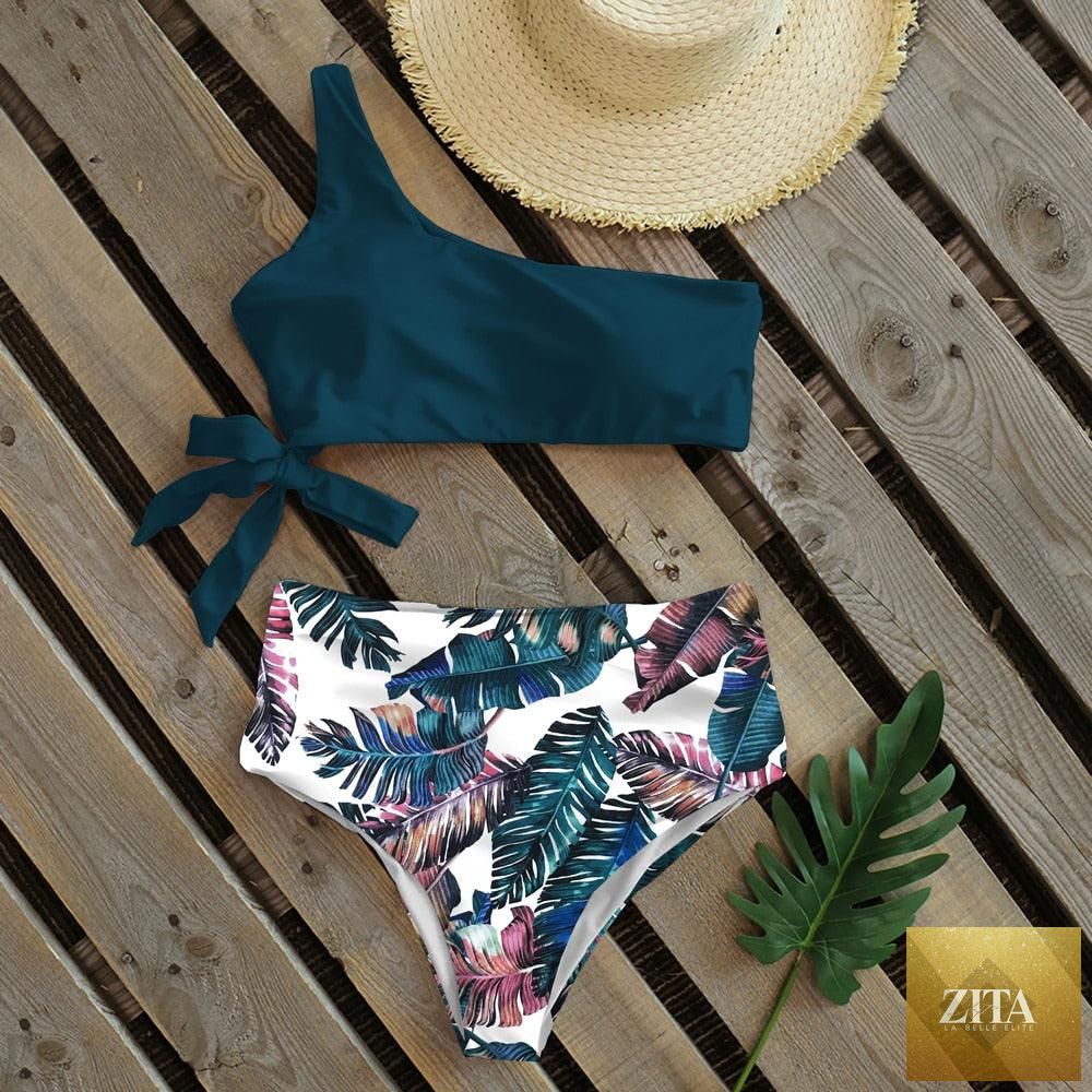 Stevvex women's push-up one-shoulder bikini set with colorful print, high waist, lightweight and comfortable for beach swimming.