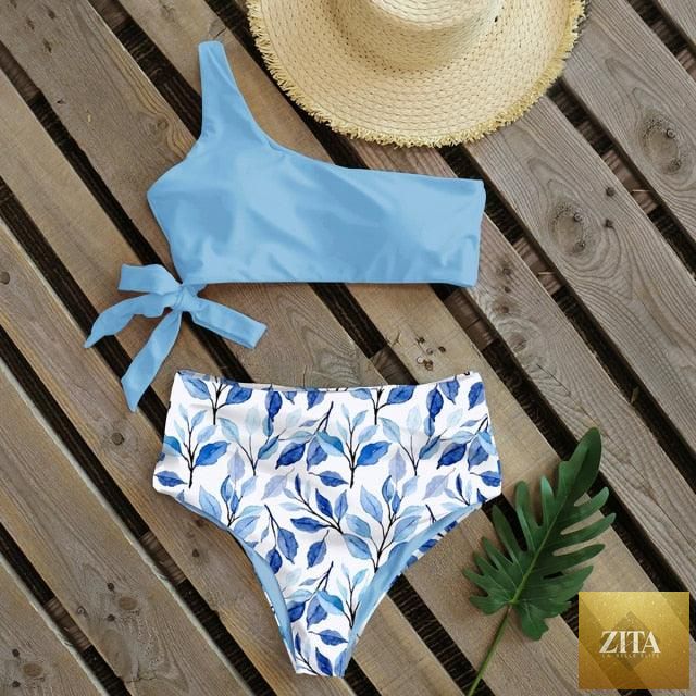 Stevvex women's push-up one-shoulder bikini set with colorful print, high waist, lightweight and comfortable for beach swimming.