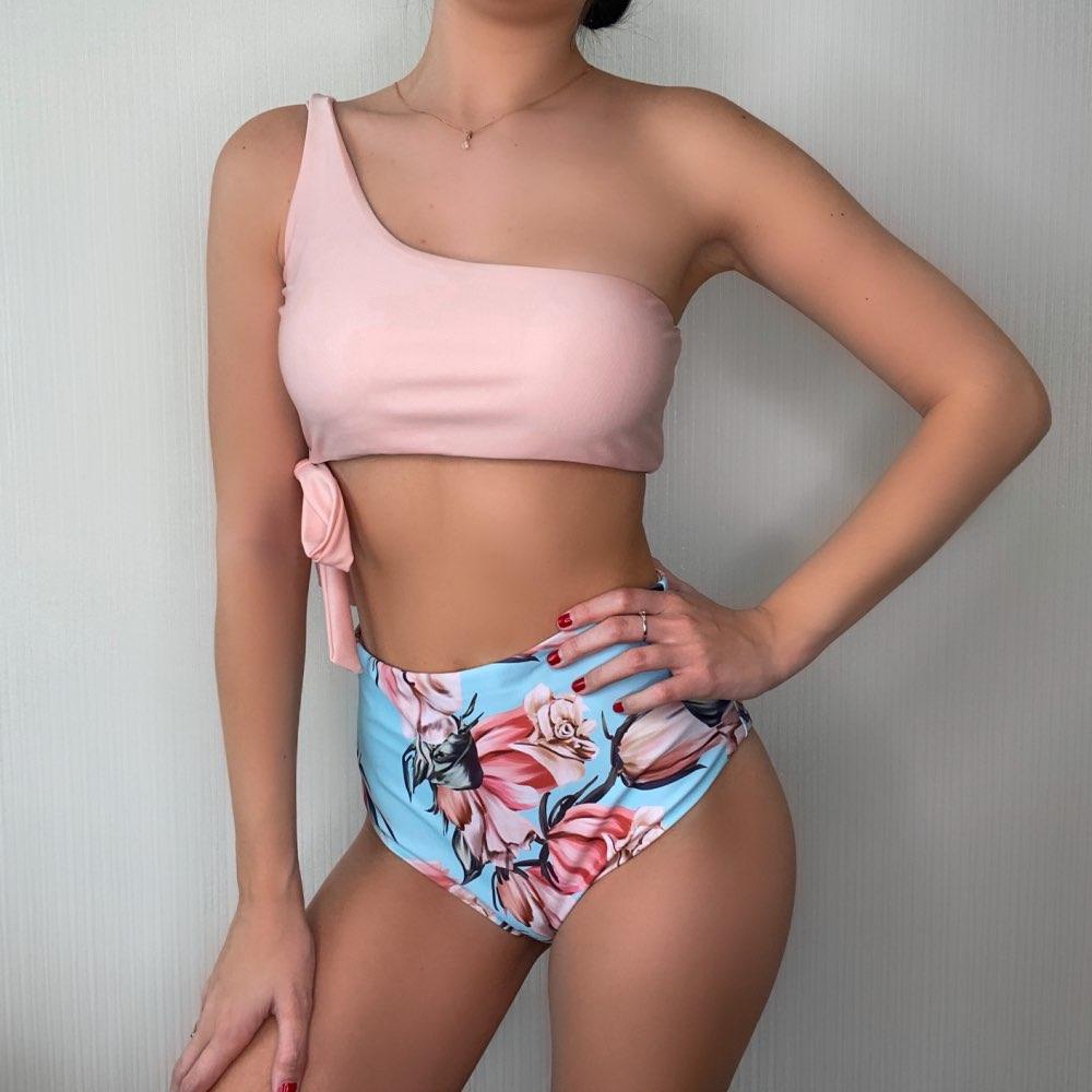Stevvex women's one-shoulder push-up bikini set with colorful print, high waist, lightweight, and comfortable design for beach swimming.