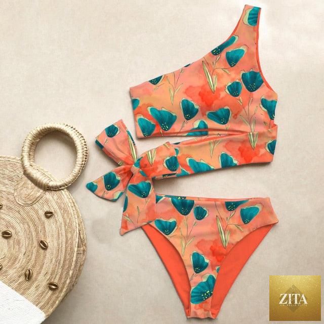 Stevvex women's one-shoulder push-up bikini with colorful print, high waist, lightweight and comfortable for beach swimming.