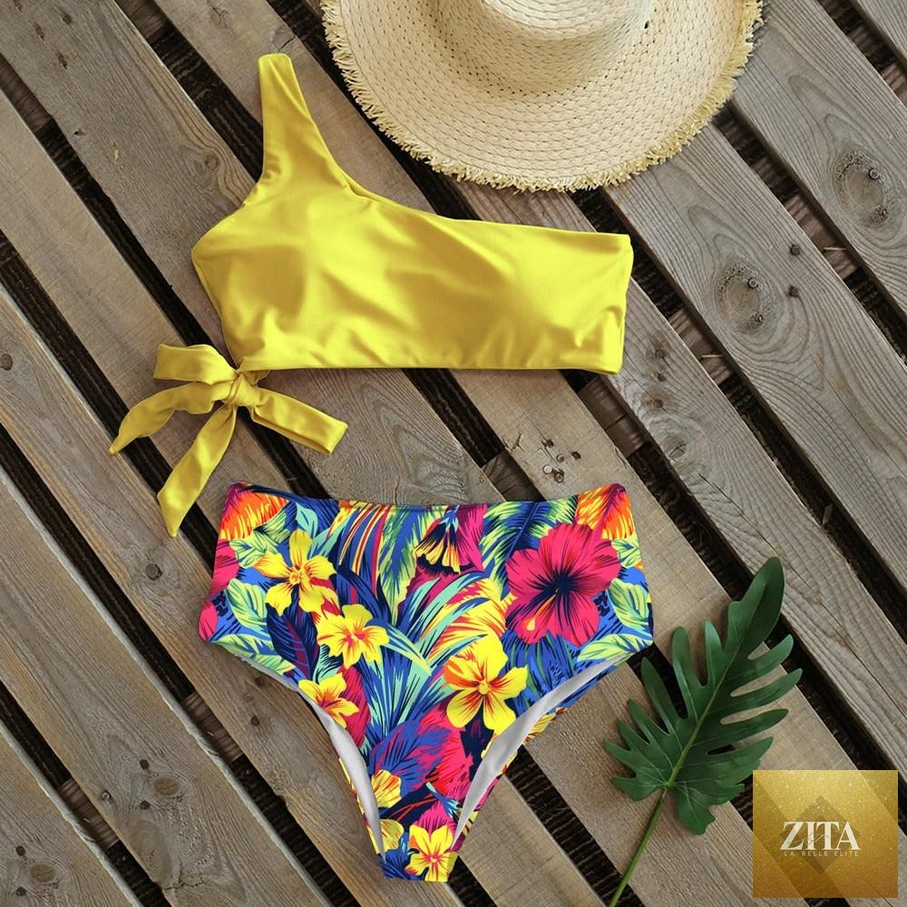 Stevvex women's one-shoulder push-up bikini set with floral print, high waist, and lightweight, perfect for beach swimming.