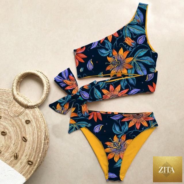 Stevvex women's push-up one-shoulder print bikini set with high waist, lightweight and comfortable for beach swimming and sunbathing.