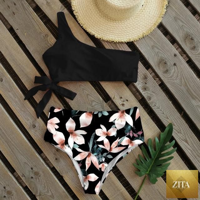 Stevvex women's one-shoulder push-up bikini set with colorful print, high waist, lightweight and comfortable for beach swimming.