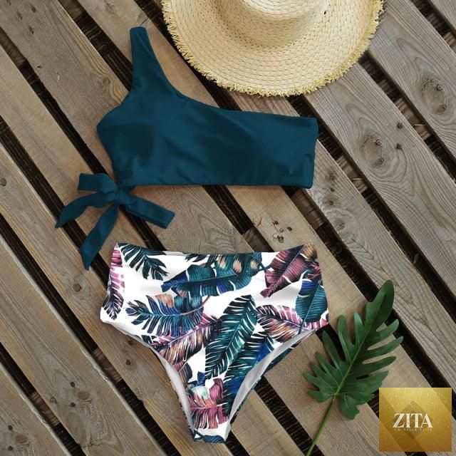 Stevvex women's one-shoulder push-up bikini set with colorful print, high waist, lightweight and comfortable for beach swimming.