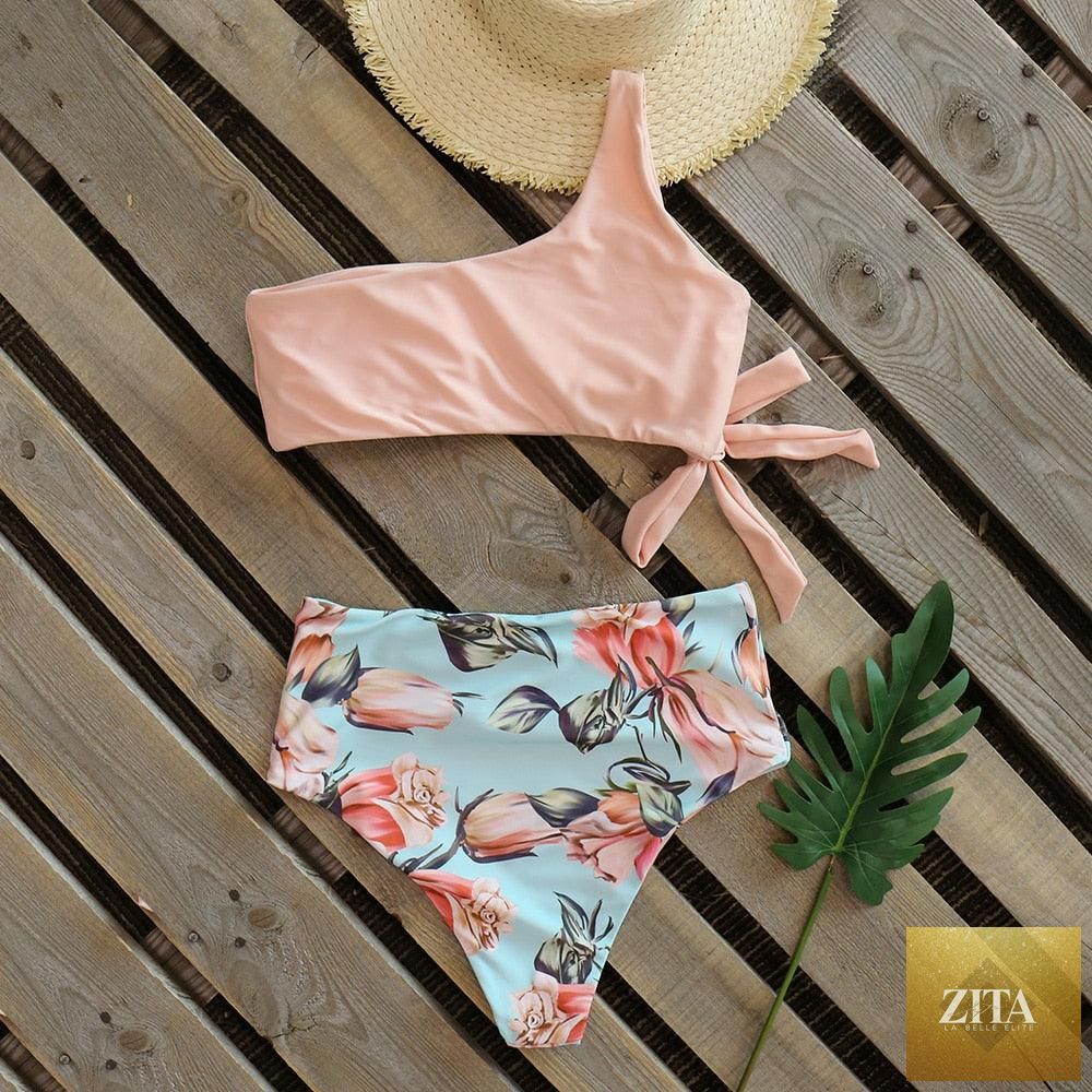 Stevvex women's push-up one-shoulder print bikini set with high waist, lightweight and comfortable for beach swimming and sunbathing.