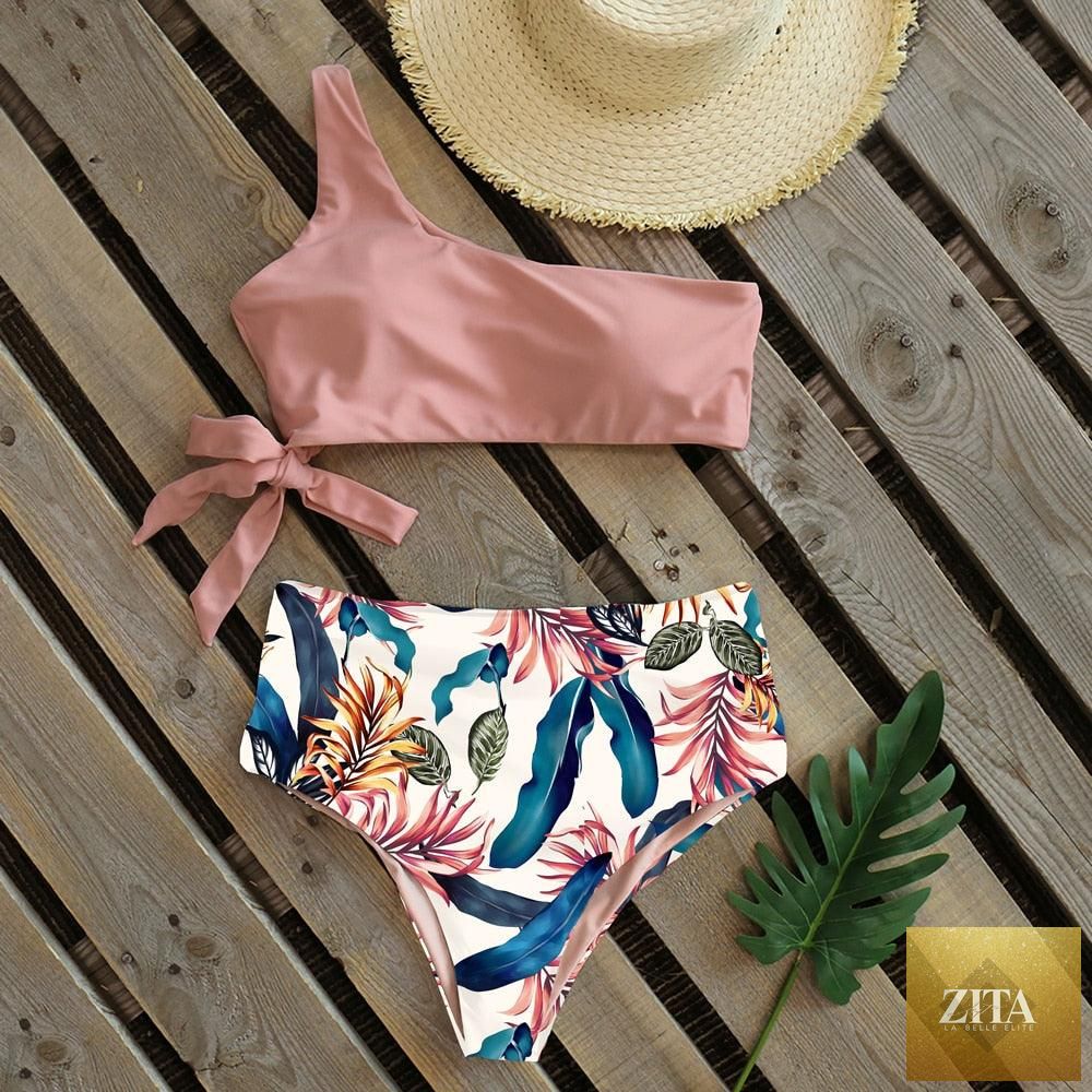 Stevvex women's one-shoulder push-up bikini set with colorful print, high waist, lightweight and comfortable for beach swimming.