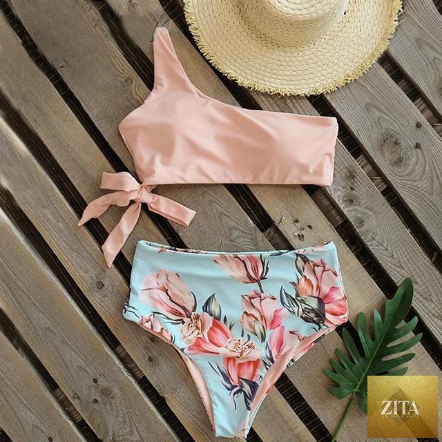 Stevvex women's one-shoulder push-up bikini set with colorful print, high waist, lightweight and comfortable for beach swimming.