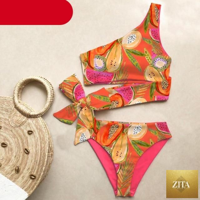 Stevvex women's one-shoulder push-up bikini with colorful print, high waist, lightweight, and comfortable swimwear for beach swimming.