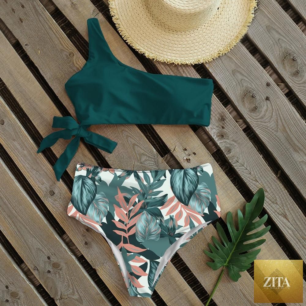 Stevvex women's push-up one-shoulder bikini set with colorful print, high waist, lightweight and comfortable for beach swimming.