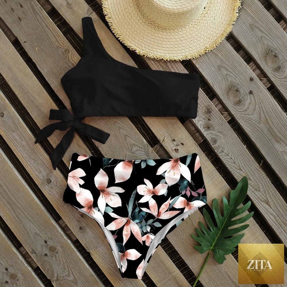 Stevvex women's push-up one-shoulder bikini set with colorful print, high waist, lightweight and comfortable for beach swimming.