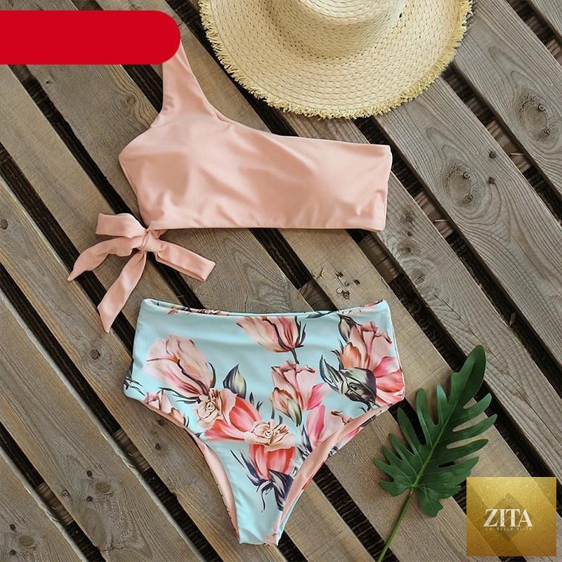 Stevvex women's push-up one-shoulder bikini with colorful print, high waist, lightweight and comfortable for beach swimming and sunbathing.