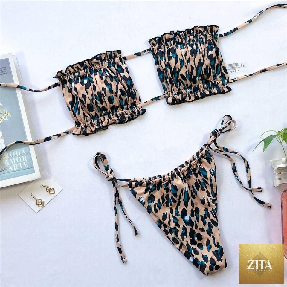 Stevvex women's bikini set with ruffle tie sides, high cut, strapless style, padded solid swimwear for summer beach wear.