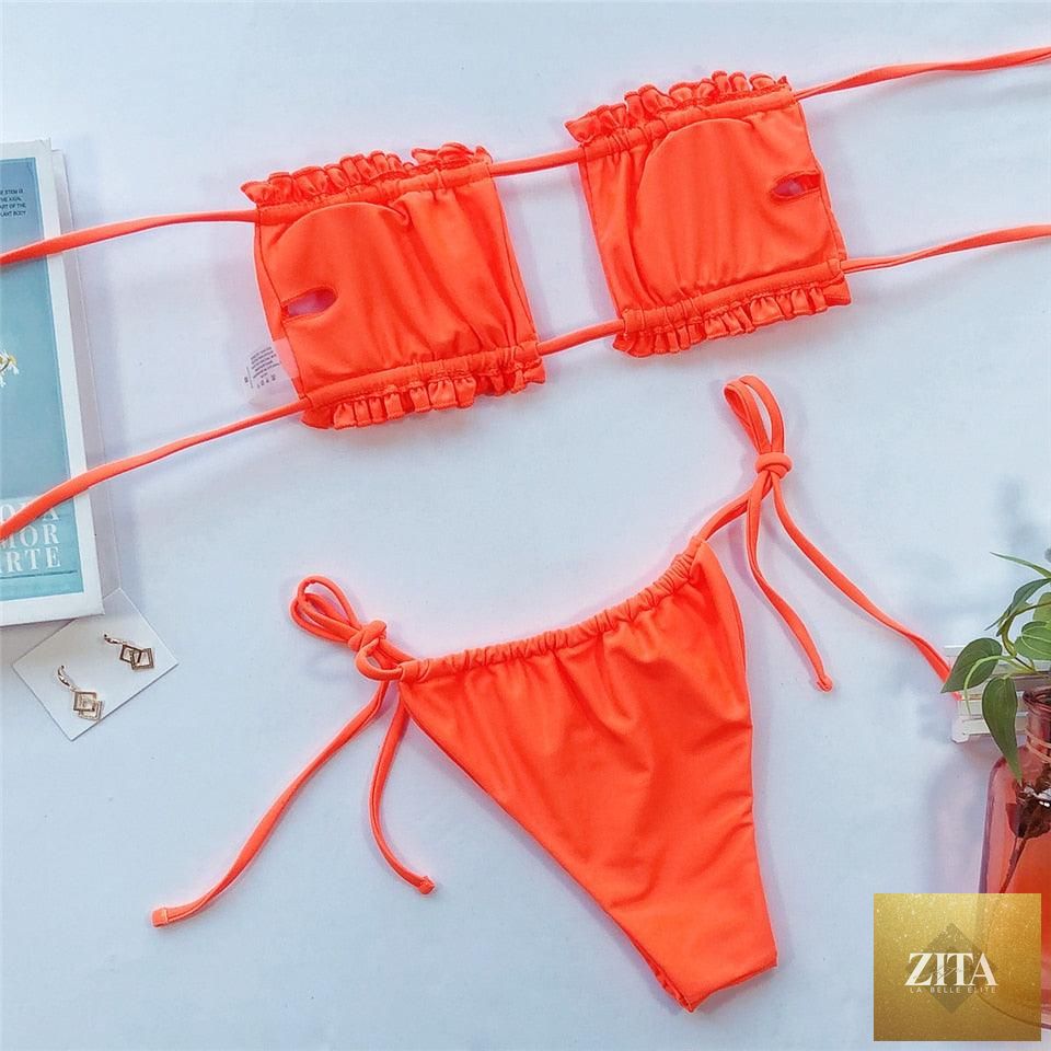 Stevvex women's bikini set with ruffle tie sides, high cut, strapless design, padded solid swimsuit for summer beach wear.
