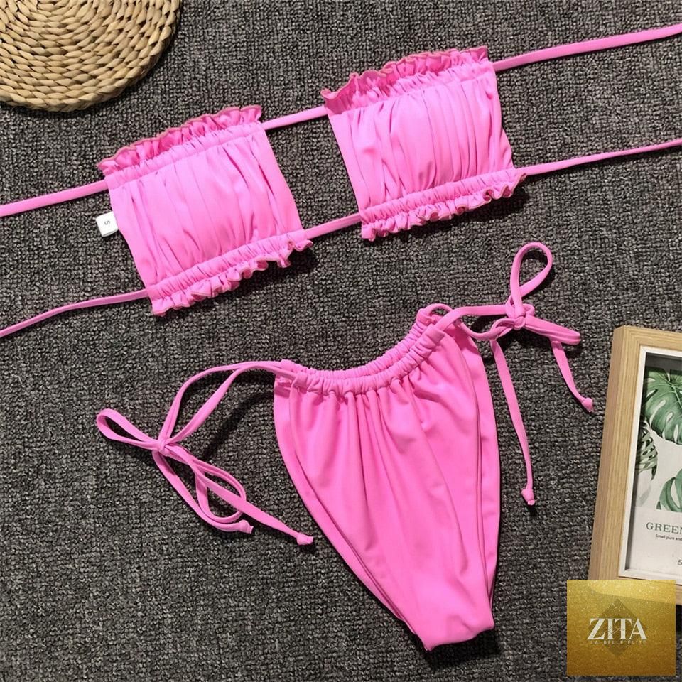 Stevvex women's bikini set with ruffle tie sides, high cut, strapless design, padded solid bikini for summer beach wear.
