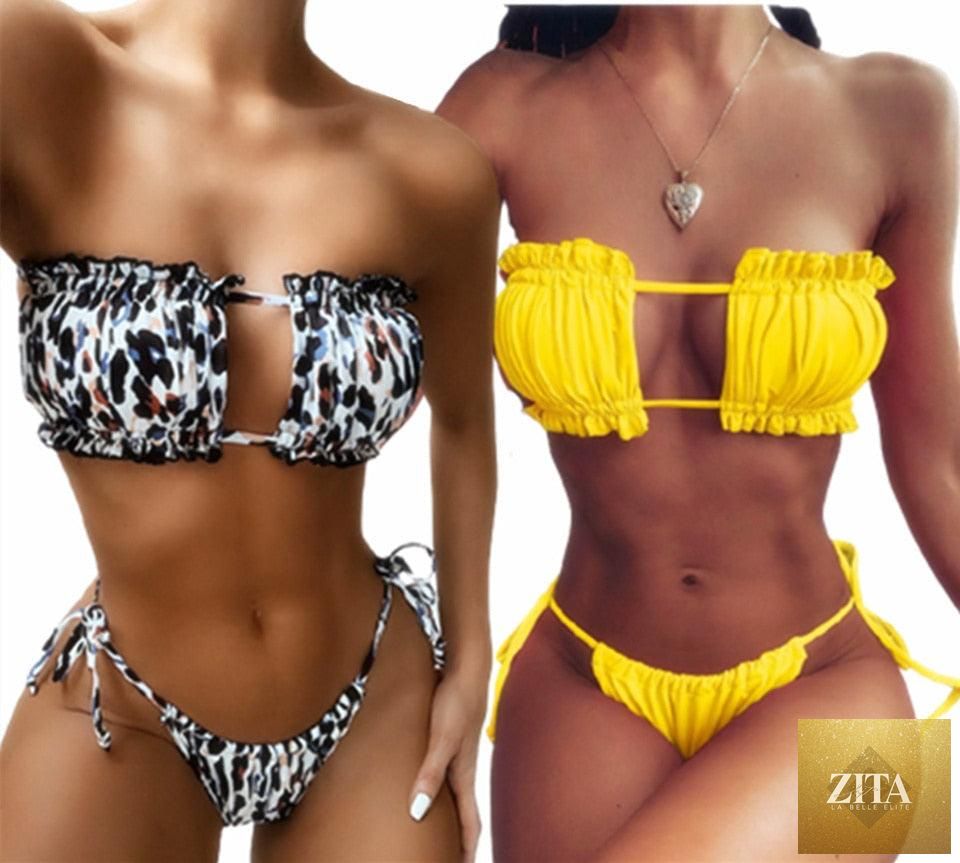 Stevvex women's bikini set with ruffle tie sides, high-cut, strapless, padded solid swimwear for summer beach wear.
