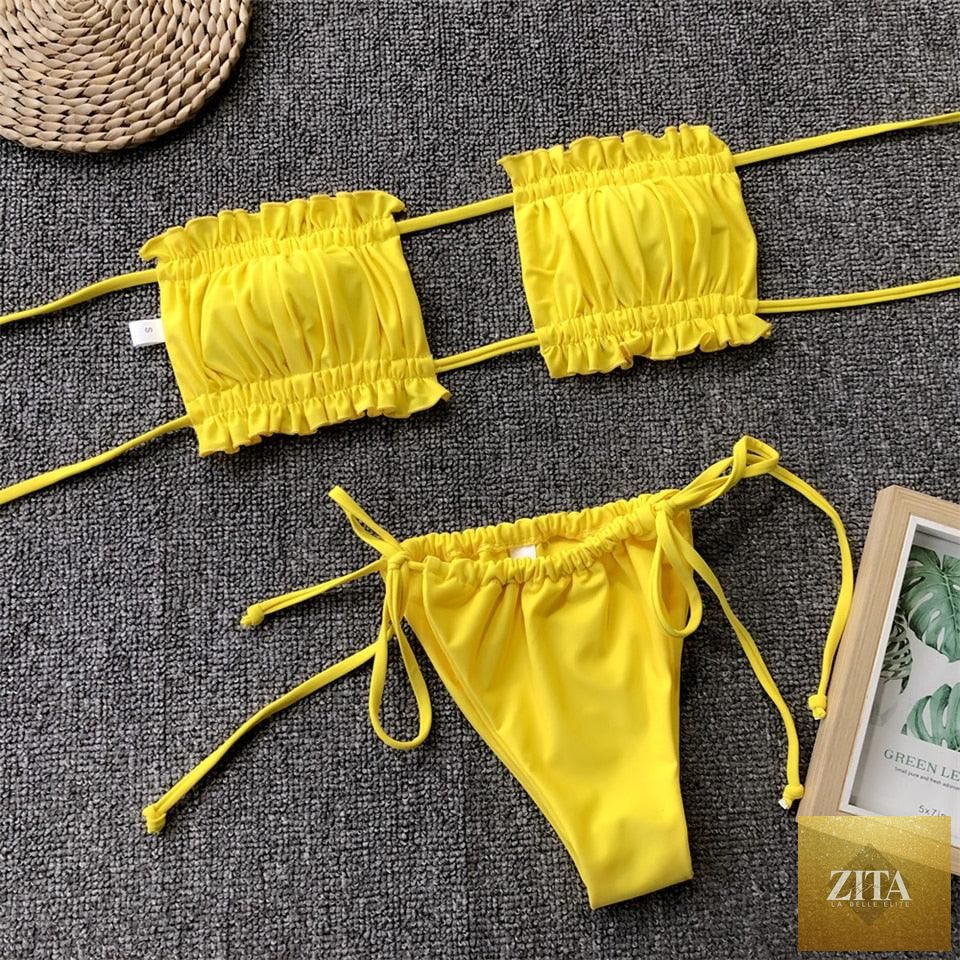 Stevvex women's bikini set with ruffle tie sides, high cut, strapless padded swimsuit in solid color, perfect for summer beachwear.