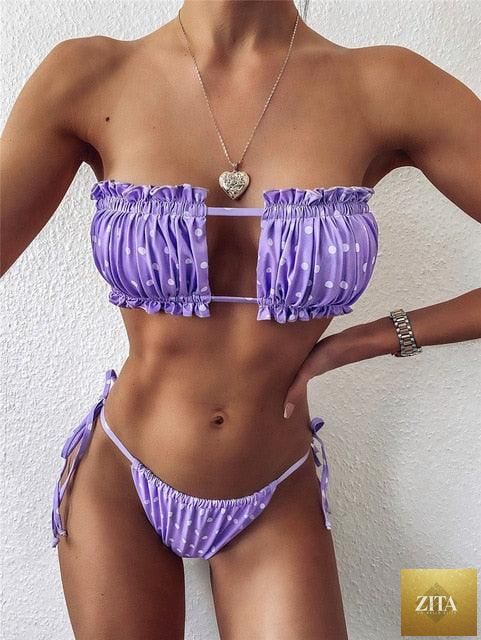 Stevvex women's bikini set with ruffle tie sides, high cut, strapless, padded, solid swimwear for summer beach wear.