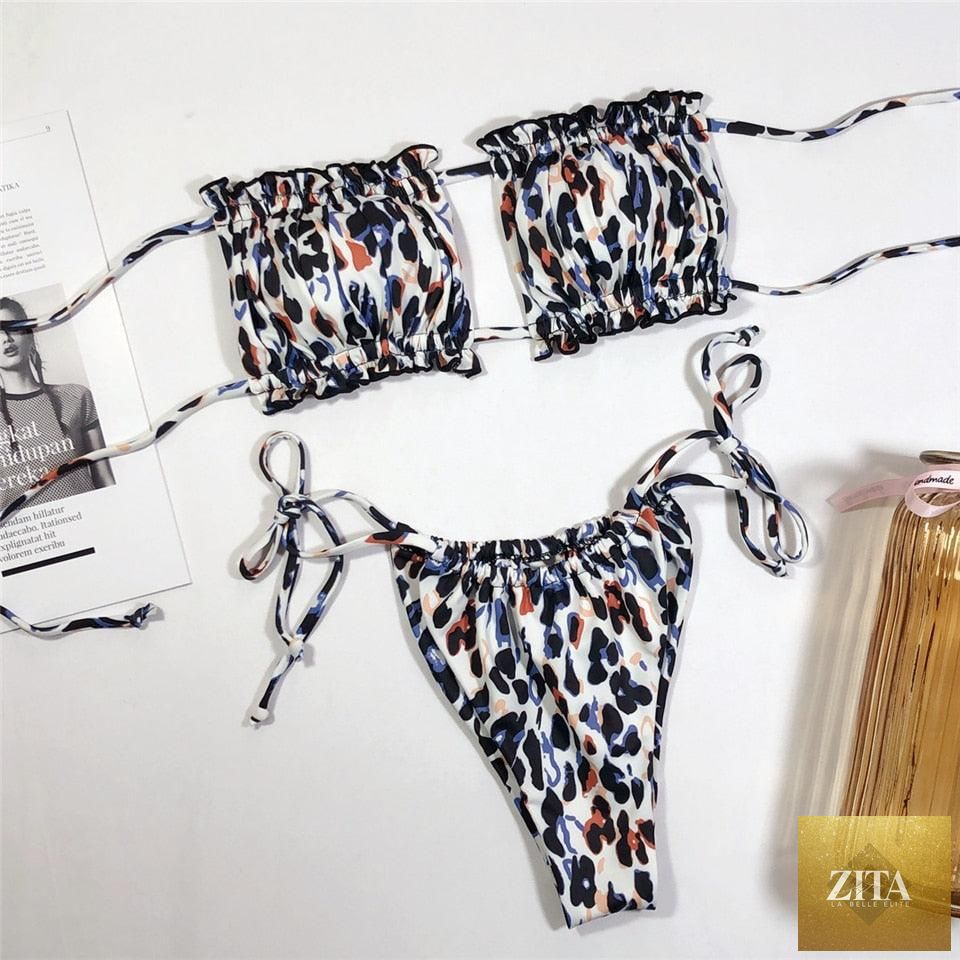 Stevvex women's bikini set with ruffle tie sides, high cut, strapless, padded, solid swimwear for summer beachwear and swimming.