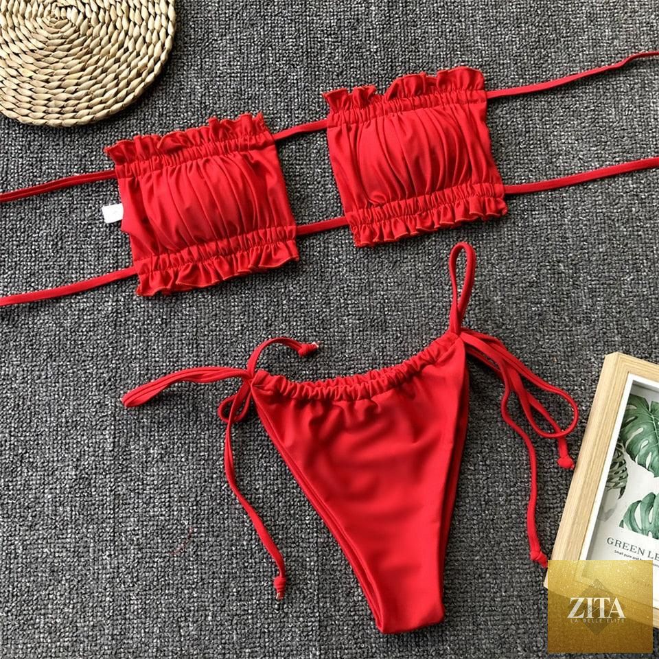 Stevvex women's bikini set with ruffle tie sides, high cut, strapless, padded, solid color, perfect for summer beachwear.