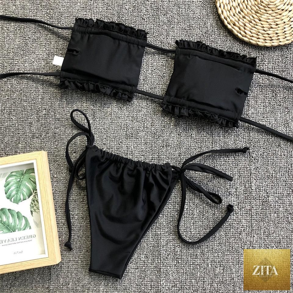 Stevvex women's bikini set with ruffle tie sides, high cut, strapless, padded solid swimwear perfect for summer beach wear.