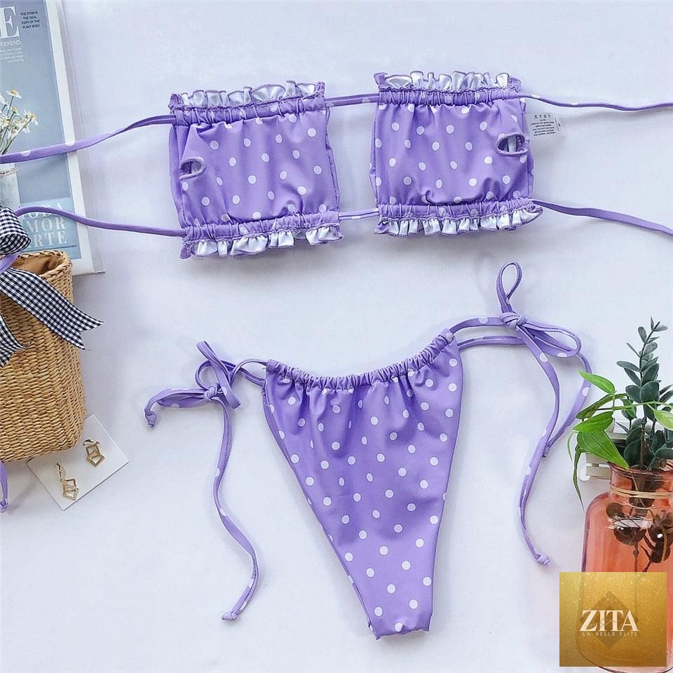 Stevvex women's bikini set with ruffle tie sides, high cut, strapless design, padded solid swimsuit for summer beachwear.