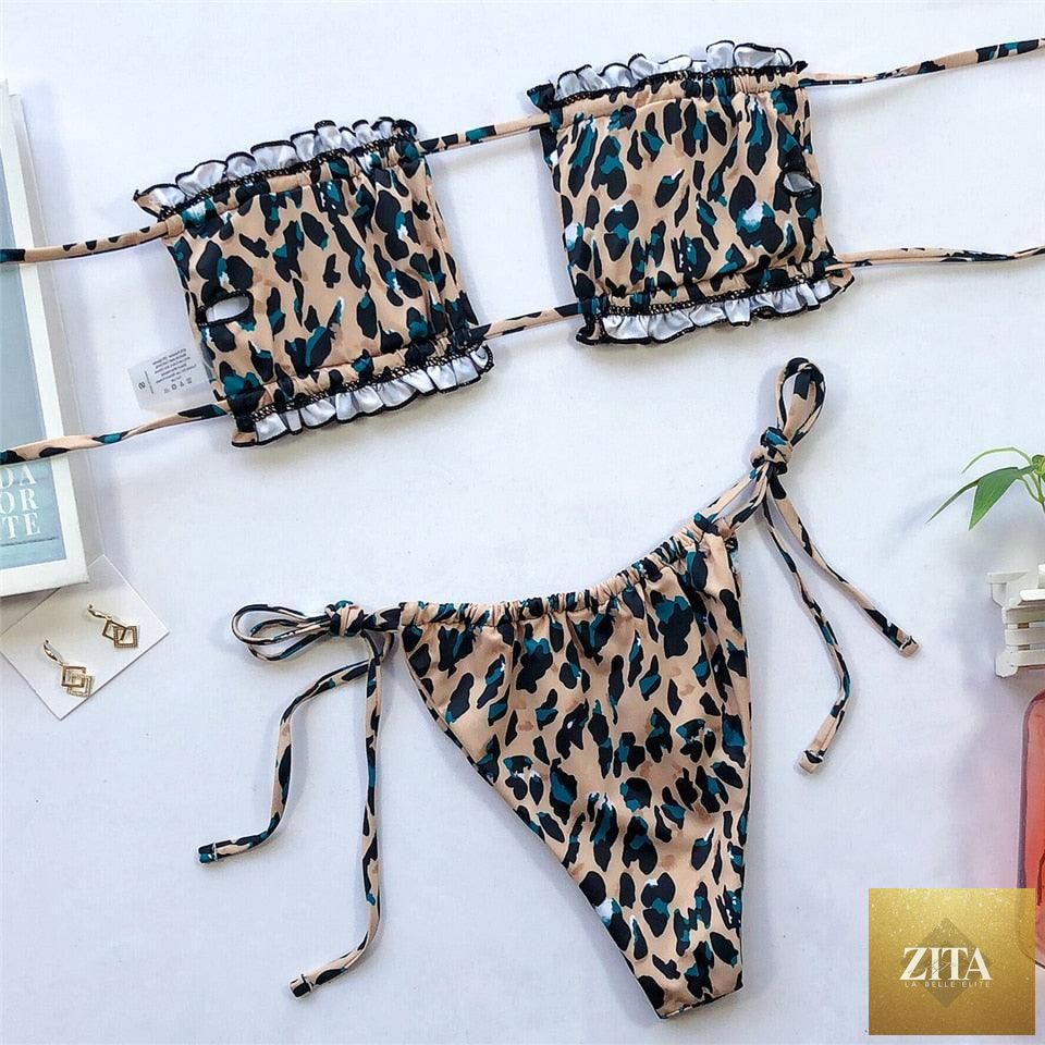 Stevvex women's bikini set with ruffle tie sides, high cut, strapless, padded, solid swimwear for summer beach wear.