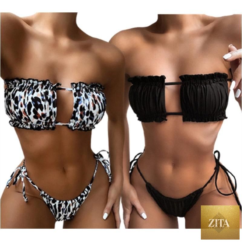 Stevvex women's bikini set with ruffle tie sides, high cut, strapless padded swimwear, ideal for summer beachwear and swimming.