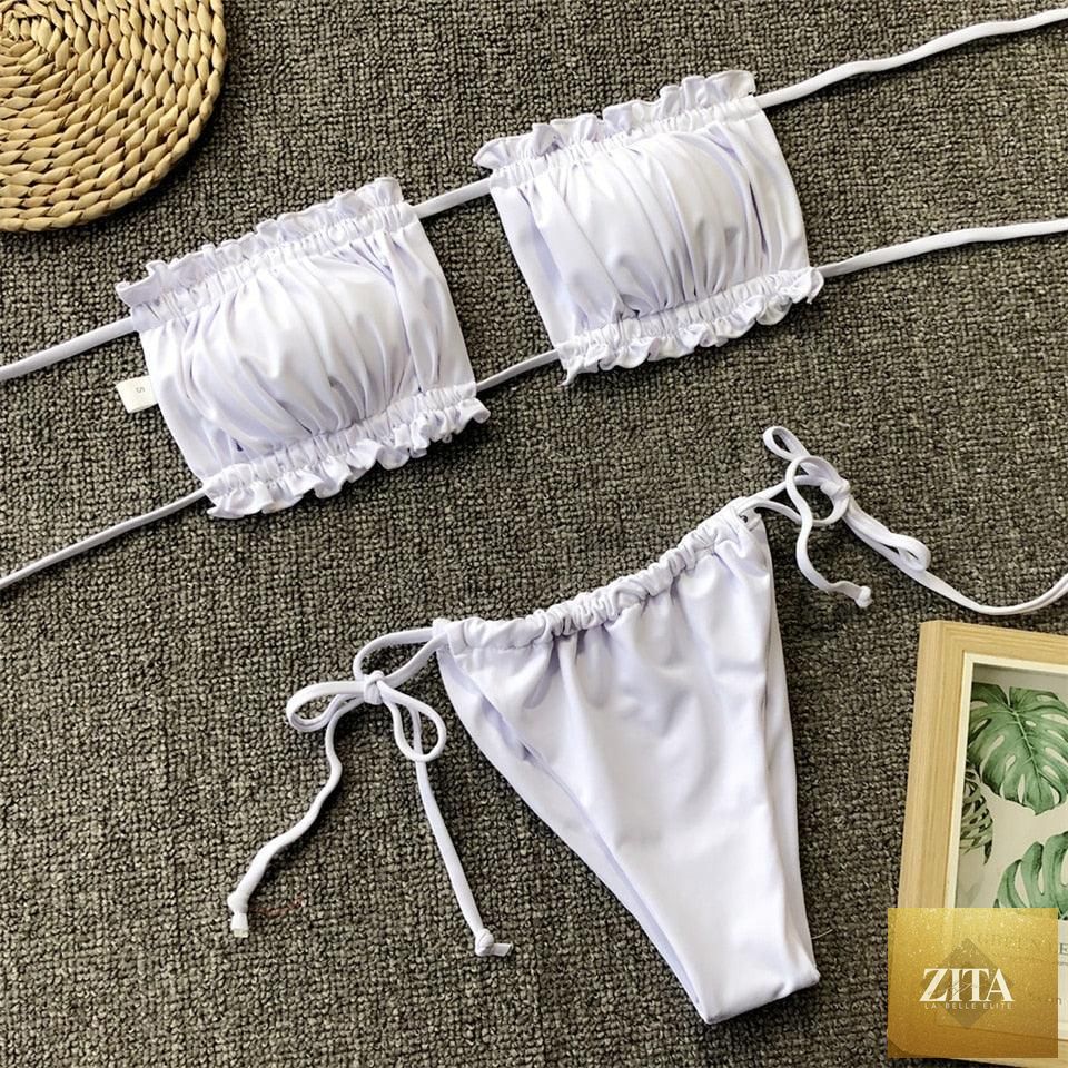 Stevvex women's bikini set with ruffle tie sides, high cut, strapless design, padded, solid color for summer beachwear.