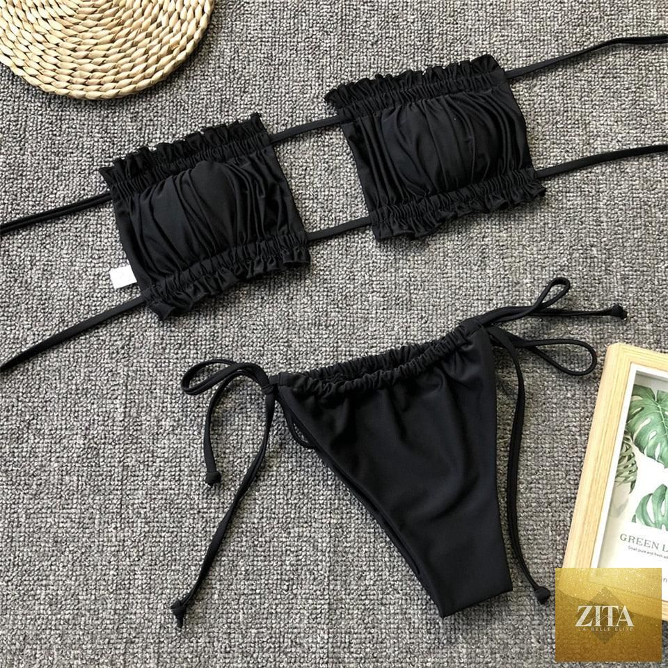 Stevvex women's bikini set with ruffle tie sides, high cut strapless design, padded solid swimwear for summer beach wear.