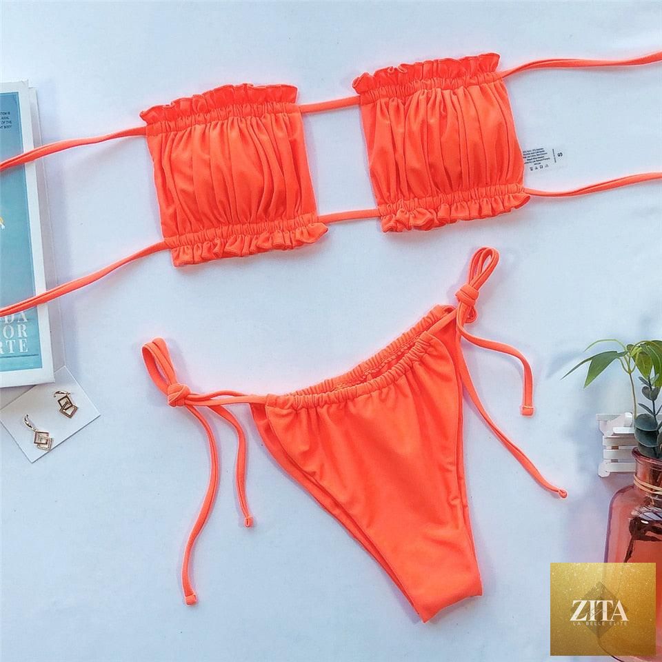 Stevvex women's bikini set with ruffle tie sides, high cut, strapless, padded, solid swimwear for summer beach wear.