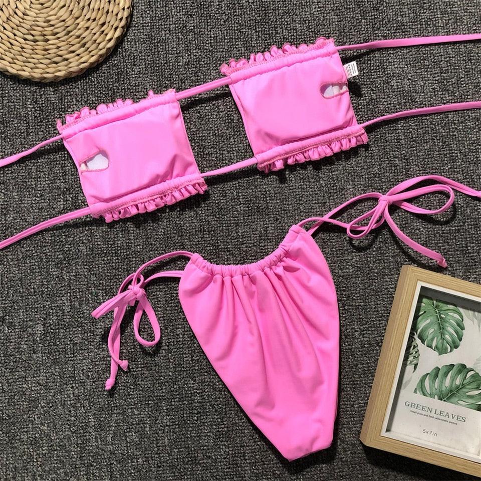 Stevvex women's bikini set with ruffle tie sides, high cut, strapless, padded solid swimsuit for summer beachwear and swimming.
