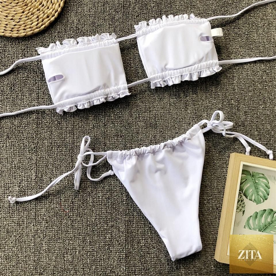 Stevvex women's bikini set with ruffle tie sides, high cut, strapless, padded solid swimwear for summer beach wear.