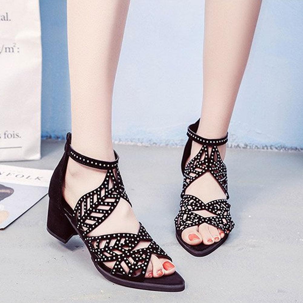 Black luxury women’s summer sandals with leather, rhinestones, thick heels, zipper closure, and breathable non-slip soles.