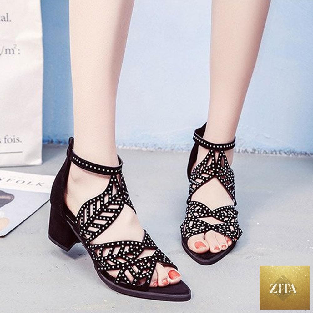 Black luxury women’s summer sandals with leather, rhinestones, thick heels, zipper closure, and breathable non-slip soles.