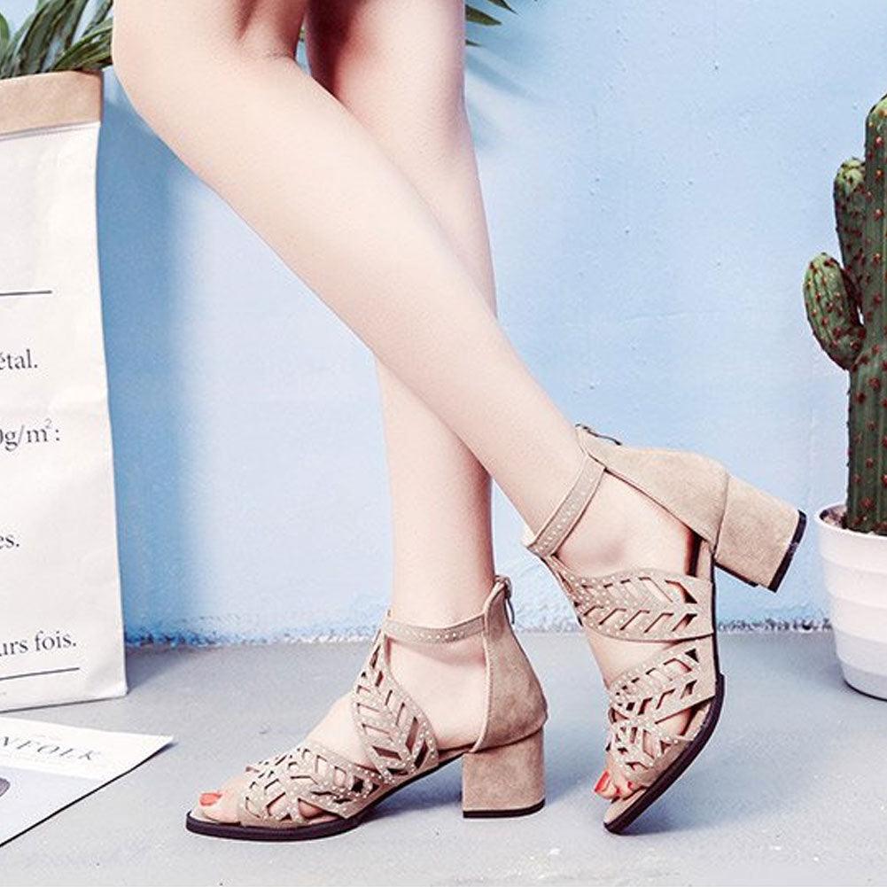 Black luxury women’s summer sandals with hollow leather design, rhinestones, thick heels, zipper closure, and breathable non-slip sole.