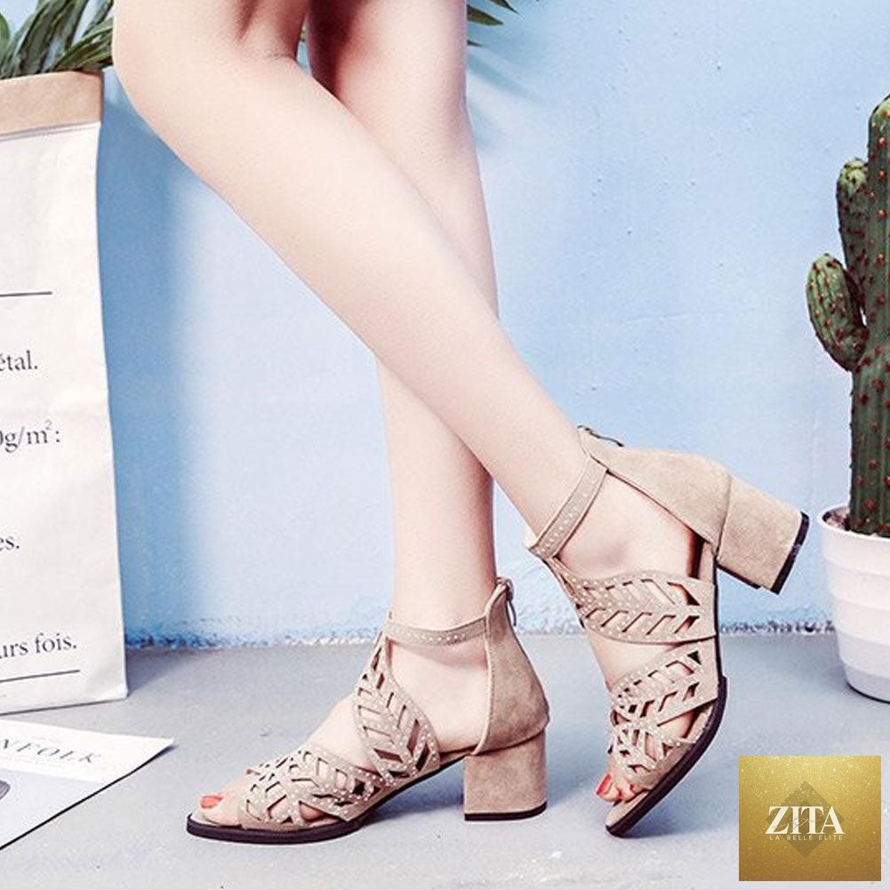 Black luxury women’s summer sandals with hollow leather design, rhinestones, thick heels, zipper closure, and breathable non-slip sole.