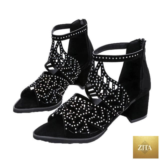 Black Stevvex women’s summer sandals with hollow-out leather, rhinestones, thick heel, zipper, and breathable non-slip design.