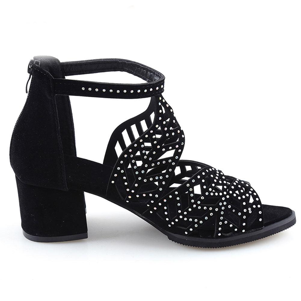 Black Stevvex summer women's sandals with hollow leather design, rhinestones, thick heel, zipper, and non-slip breathable sole.