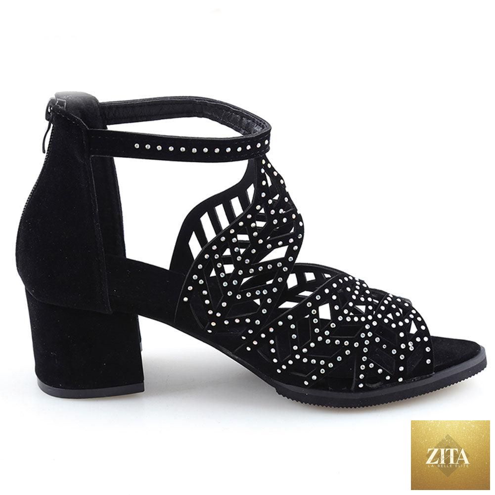 Black Stevvex summer women's sandals with hollow leather design, rhinestones, thick heel, zipper, and non-slip breathable sole.
