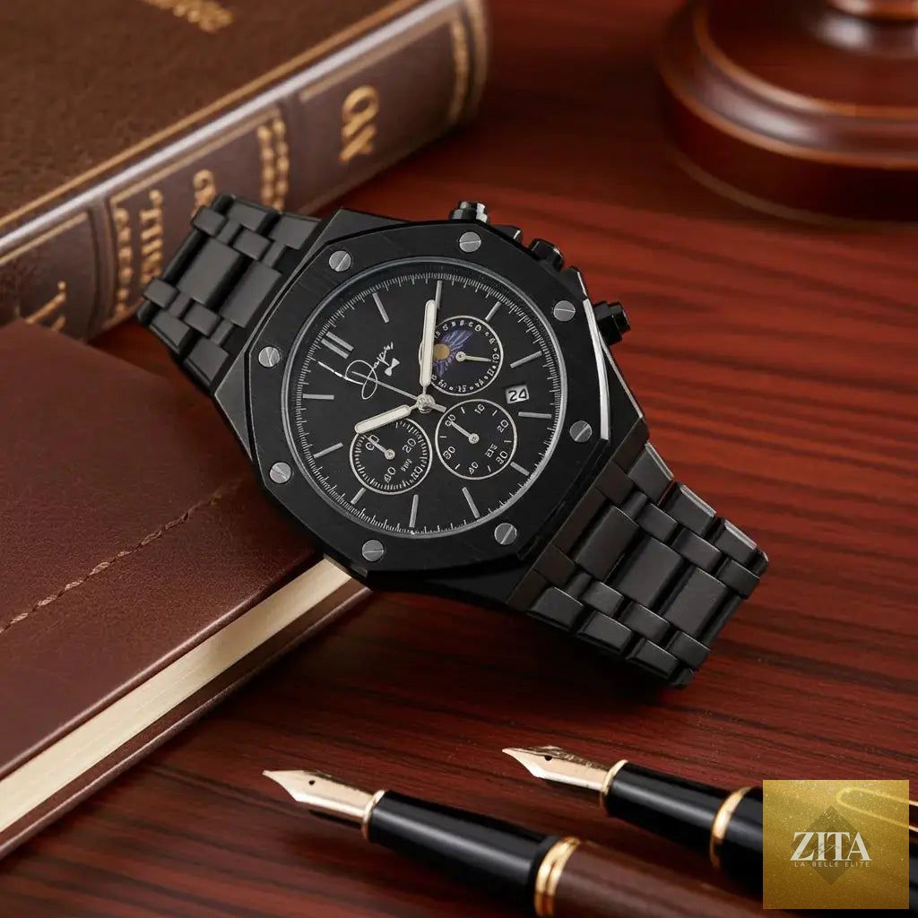 Black stainless steel ChronoLunar watch by Dapper Watches featuring a sleek design with a round dial and chronograph functions.