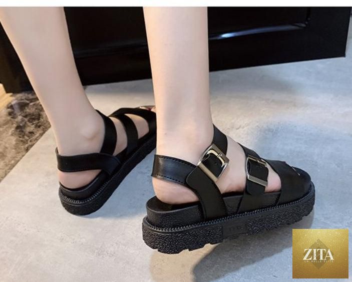 Black Stevvex summer flat platform sandals for women with open toe, soft leather, double buckle, and non-slip sole.