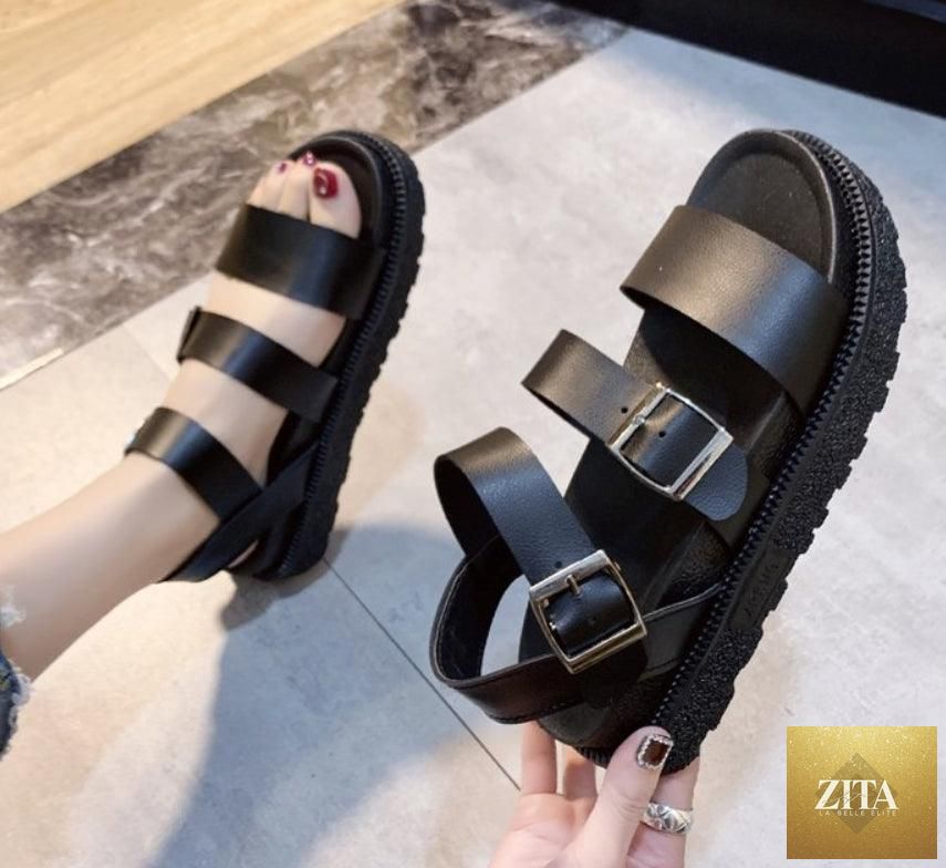 Black Stevvex summer flat platform sandals for women with open toe, soft leather, double buckle, adjustable straps, and non-slip sole.