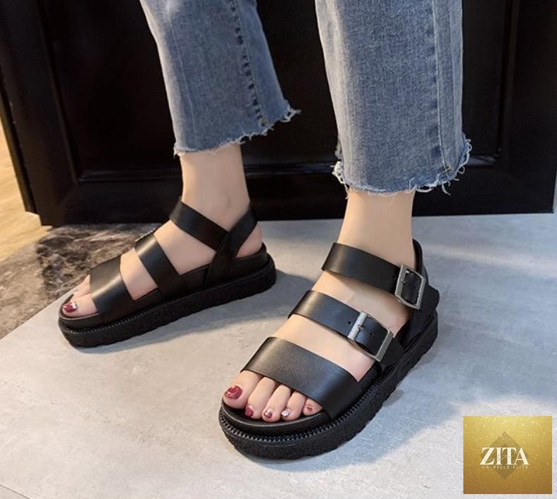 Black Stevvex summer flat platform sandals for women with open toe, soft leather, double buckle, and non-slip comfort footbed.