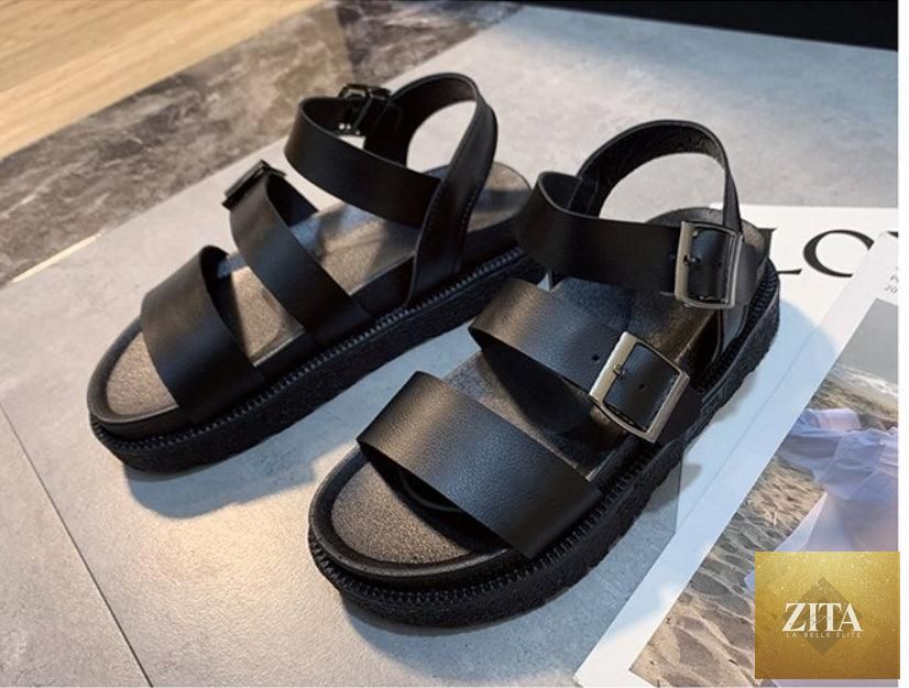 Black Stevvex summer flat platform sandals for women with open toe, soft leather, double buckle, comfort footbed, and non-slip sole.