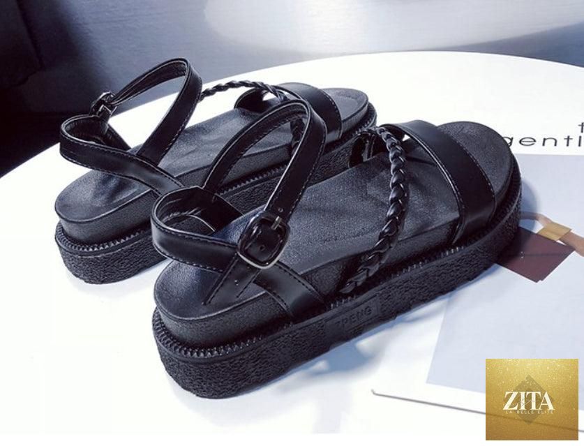 Black Stevvex summer flat platform sandals for women, soft leather, open toe, double buckle, non-slip soles, casual and elegant style.