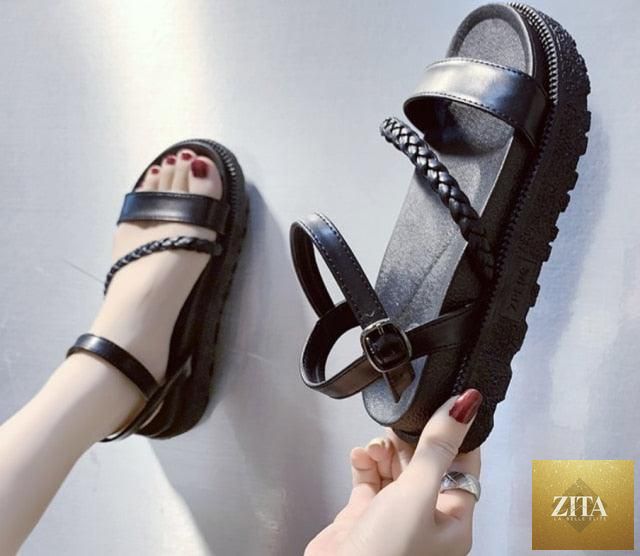 Black Stevvex summer flat platform sandals for women with open toe, soft leather, double buckle, adjustable straps, and non-slip soles.