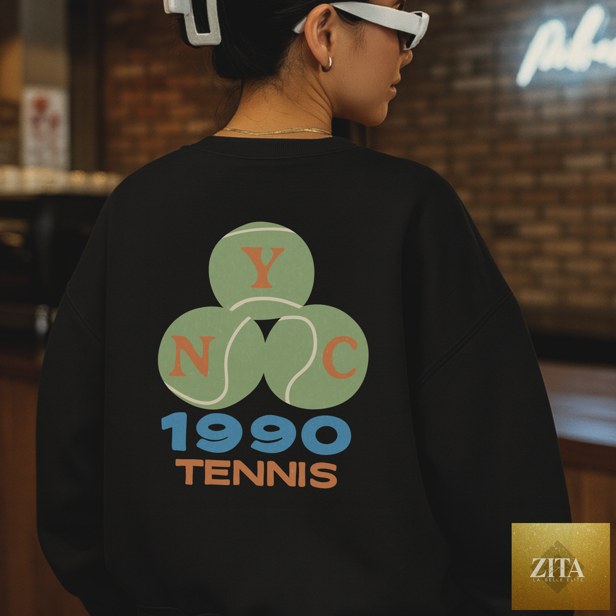 Black NYC 1990 Tennis Crewneck Sweatshirt by Hey Jude Graphic Tees featuring vintage sport graphic design.