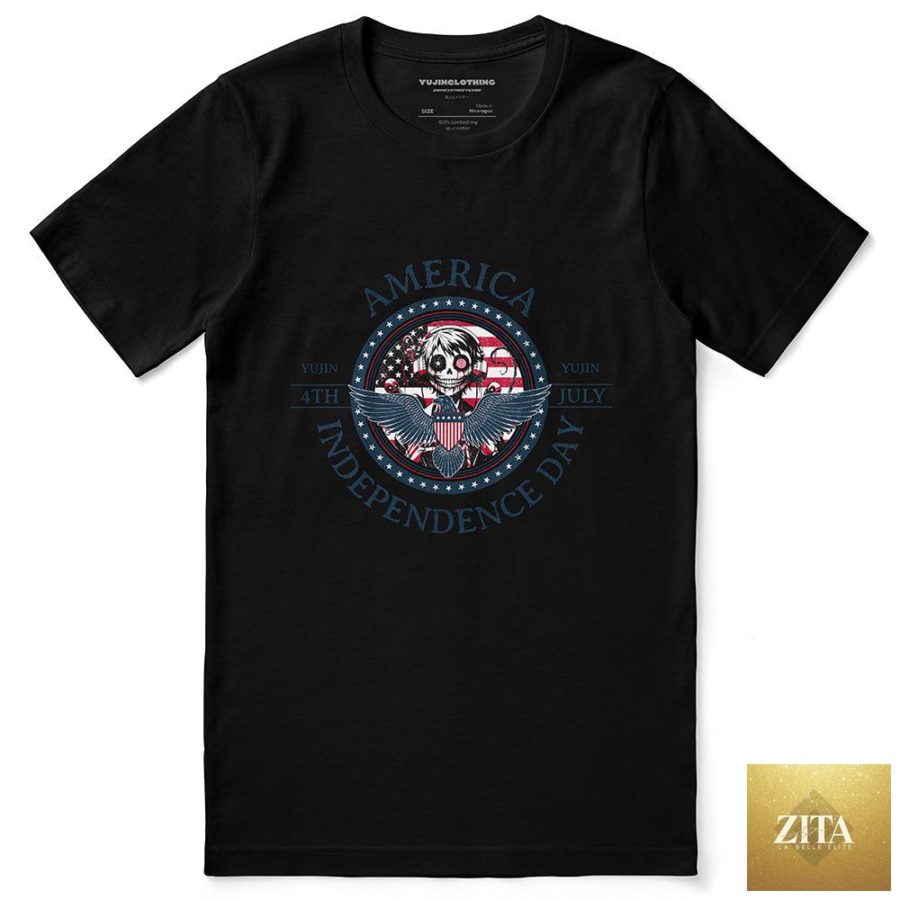 Black Independence Day 4th July T-shirt by Zita La Belle Elite with patriotic flag and firework design.