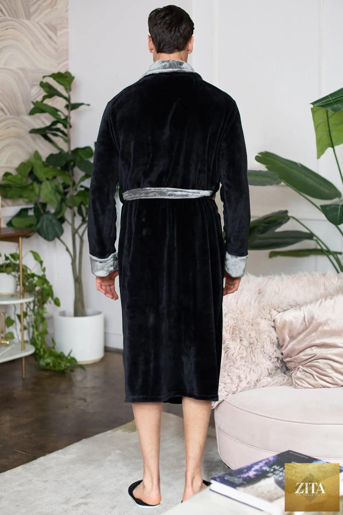 Black men's plush robe by Lotus Linen, featuring a soft, cozy fabric and classic design for comfort and durability.
