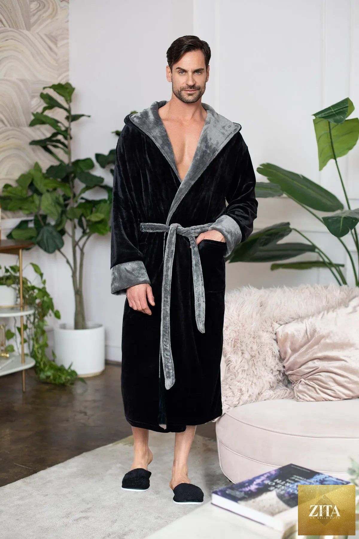 Black men's hooded robe by Lotus Linen, made of ultra-soft plush fabric, perfect for cozy everyday comfort.
